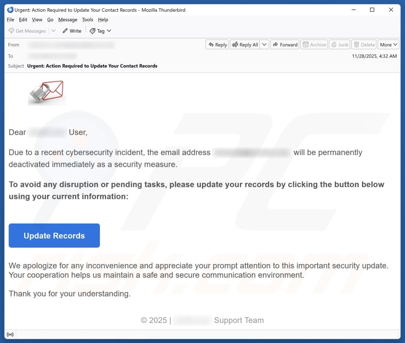 Email Address Will Be Deactivated As A Security Measure email spam campaign