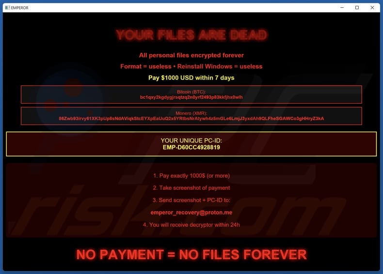 Emperor ransomware ransom note (pop-up)