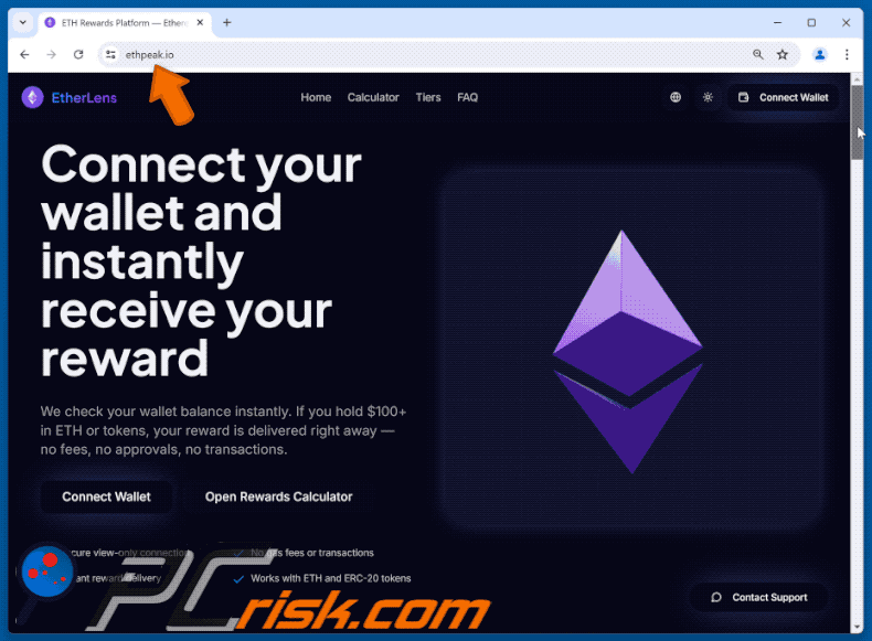 Appearance of the fake EtherLens Rewards website (GIF)
