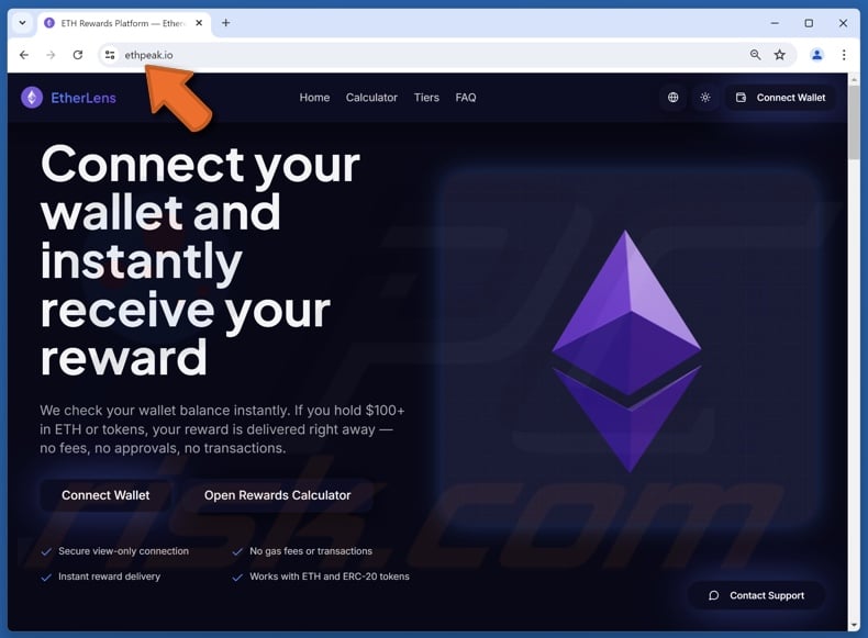 Fake EtherLens Rewards website