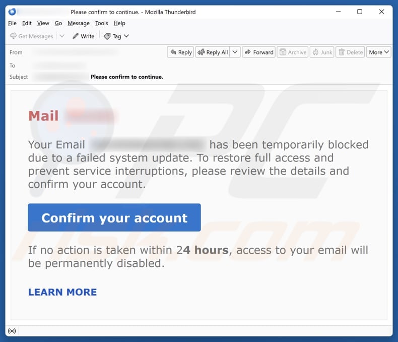 Email Account Failure Notice email spam campaign