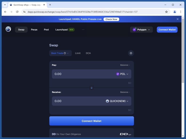 Fake Polygon QuickSwap website scam real website (dapp.quickswap.exchange)