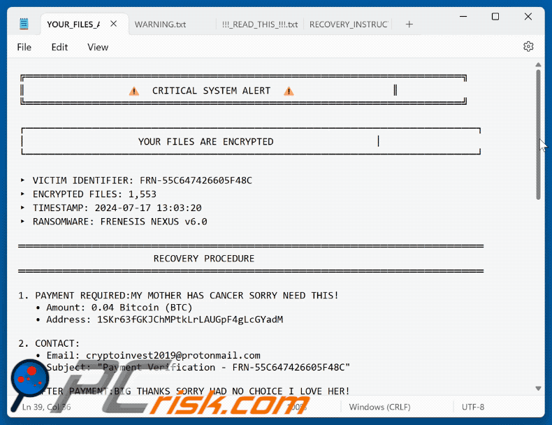 Frenesis Nexus Ransomware ransom note (YOUR_FILES_ARE_ENCRYPTED.txt)