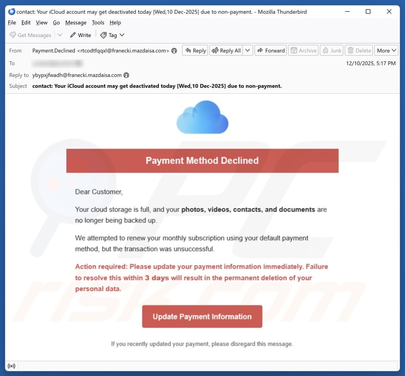 iCloud Payment Method Declined email spam campaign