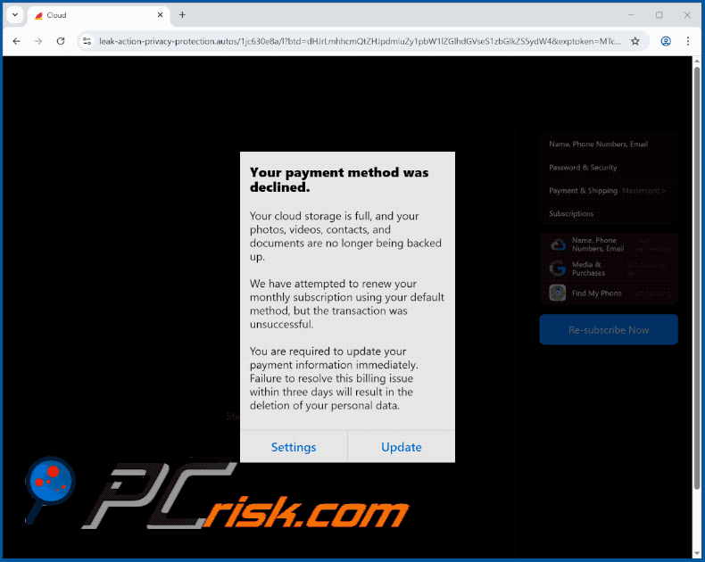 iCloud Payment Method Declined scam email promoted site appearance (GIF)