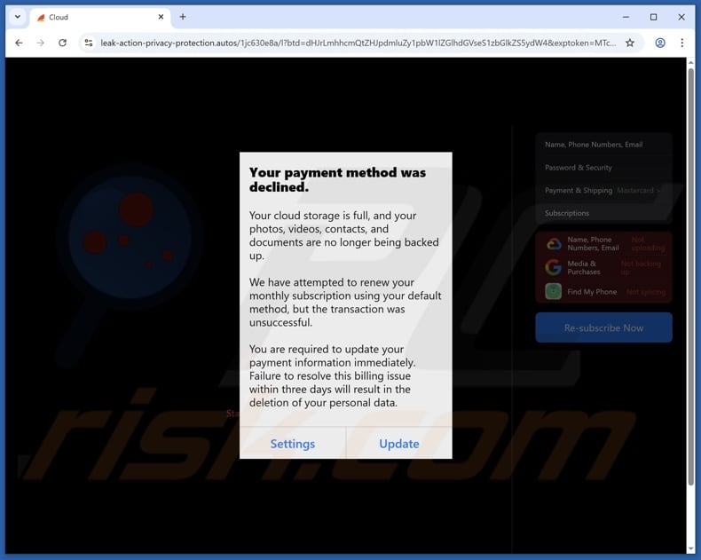 iCloud Payment Method Declined scam email promoted phishing site