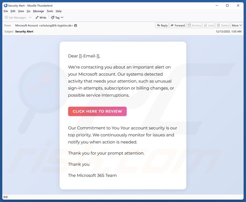 Important Alert On Your Microsoft Account email spam campaign