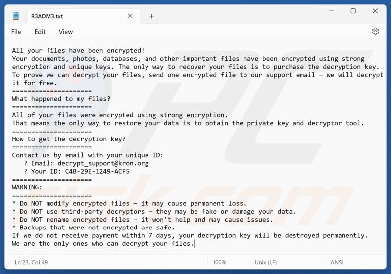 Kron ransomware text file (R3ADM3.txt)