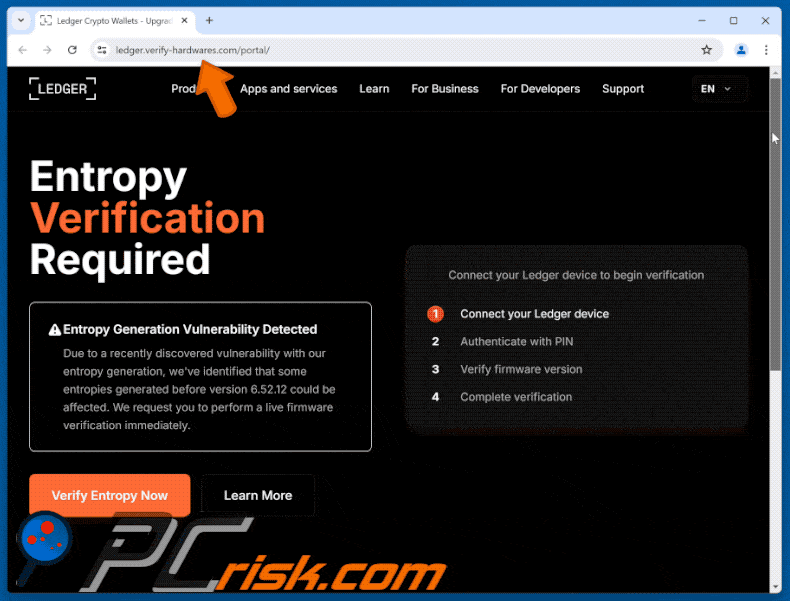 Ledger - Critical Security Vulnerability email scam fake website appearance