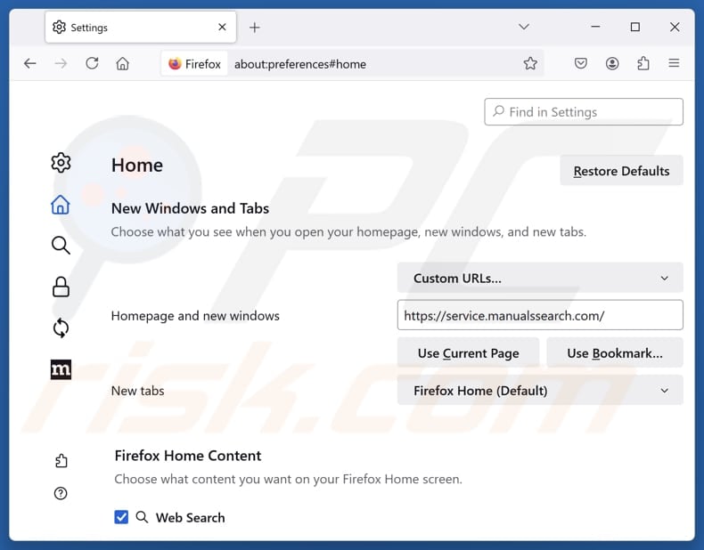 Removing manualssearch.com from Mozilla Firefox homepage