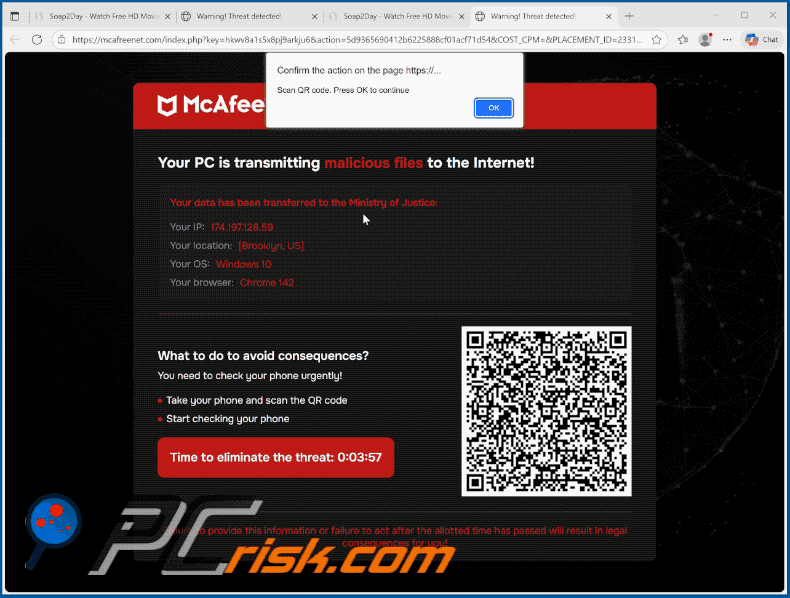 Appearance of McAfee - Your PC Is Transmitting Malicious Files scam