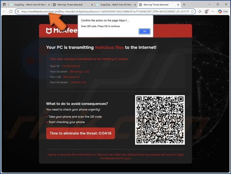 McAfee - Your PC Is Transmitting Malicious Files scam