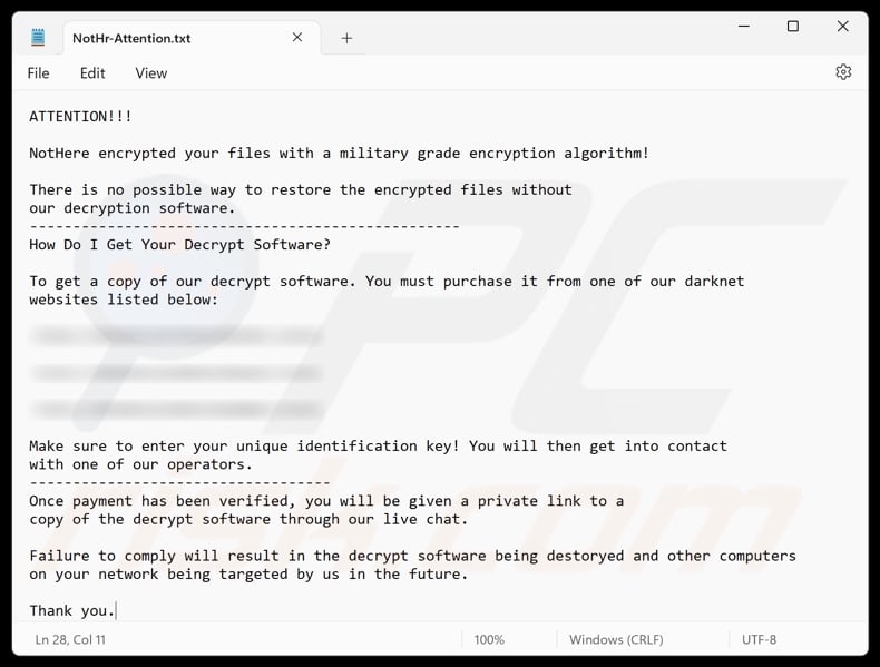 NotHere ransomware ransom note (NotHr-Attention.txt)
