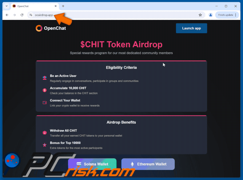 Appearance of the fake OpenChat ($CHAT) Token Airdrop website (GIF)