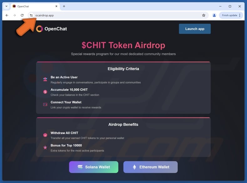 Fake OpenChat ($CHAT) Token Airdrop website