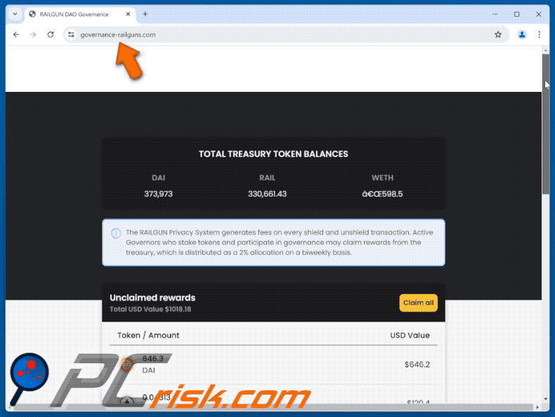 Appearance of the fake Railgun Rewards website (GIF)