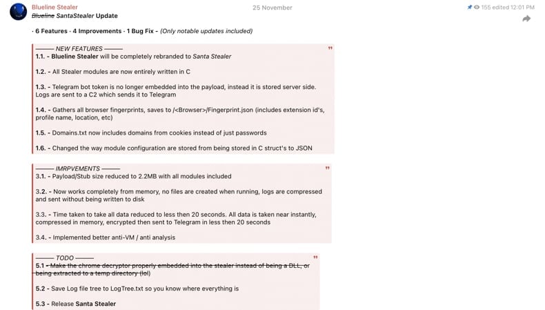 SantaStealer Malware promoting Telegram message