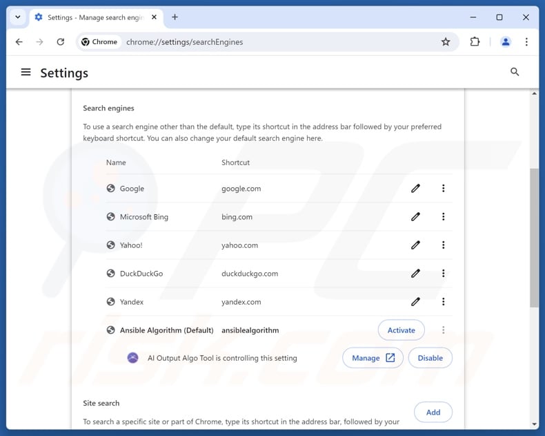 Removing search.ansiblealgorithm.com from Google Chrome default search engine