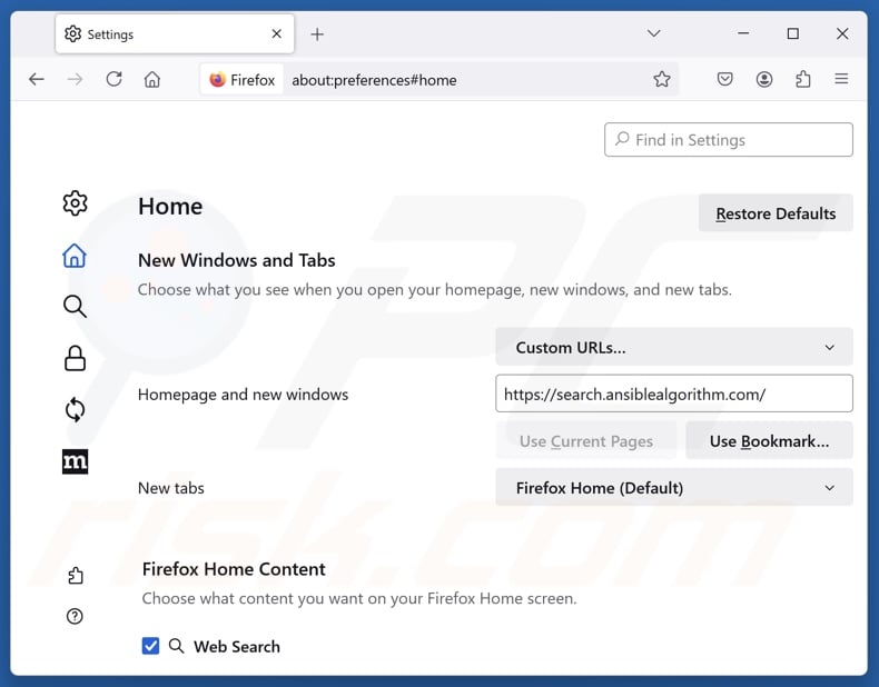 Removing search.ansiblealgorithm.com from Mozilla Firefox homepage