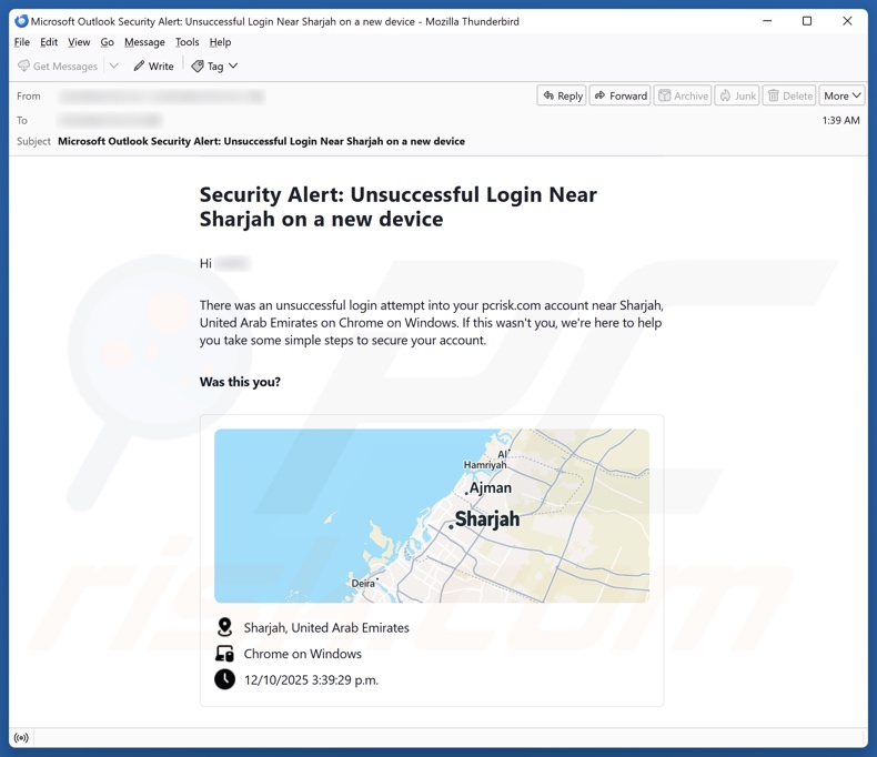 Security Alert: Unsuccessful Login On A New Device email spam campaign