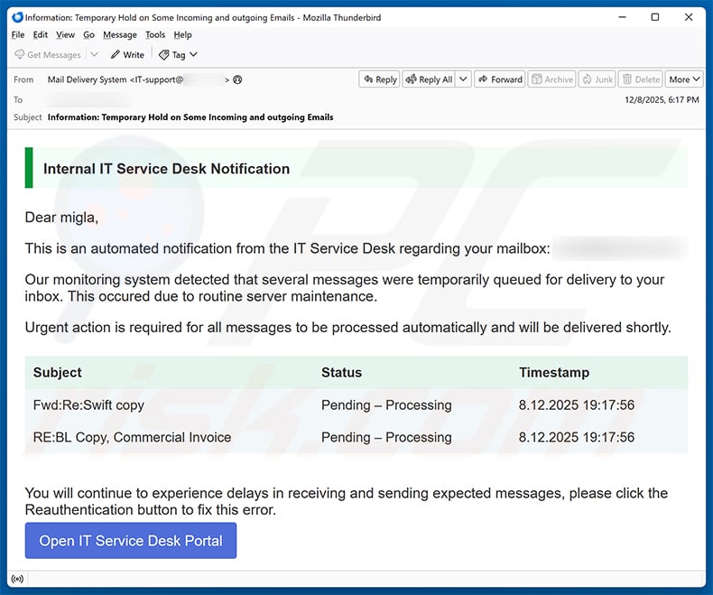 Service Desk email scam (2025-12-09)