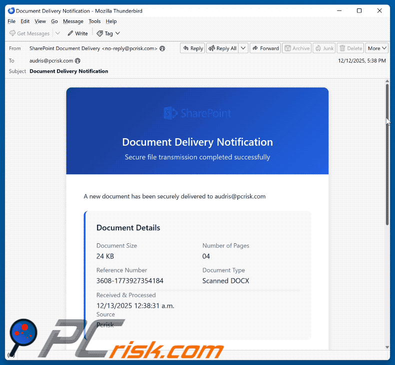 SharePoint Document Delivery Notification scam email appearance (GIF)