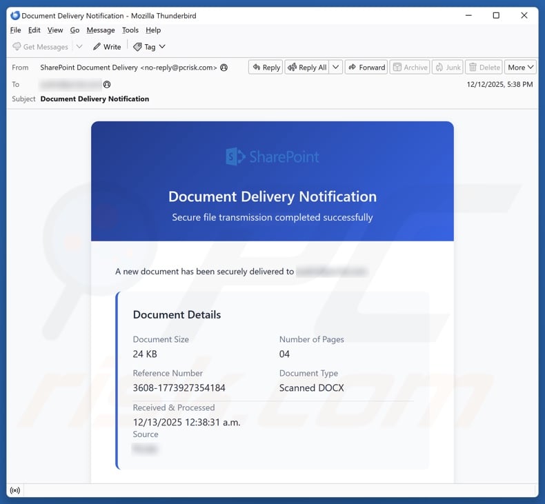 SharePoint Document Delivery Notification email spam campaign