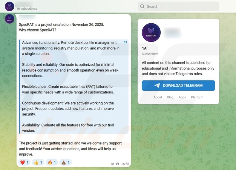 Telegram channel promoting SpecRAT malware