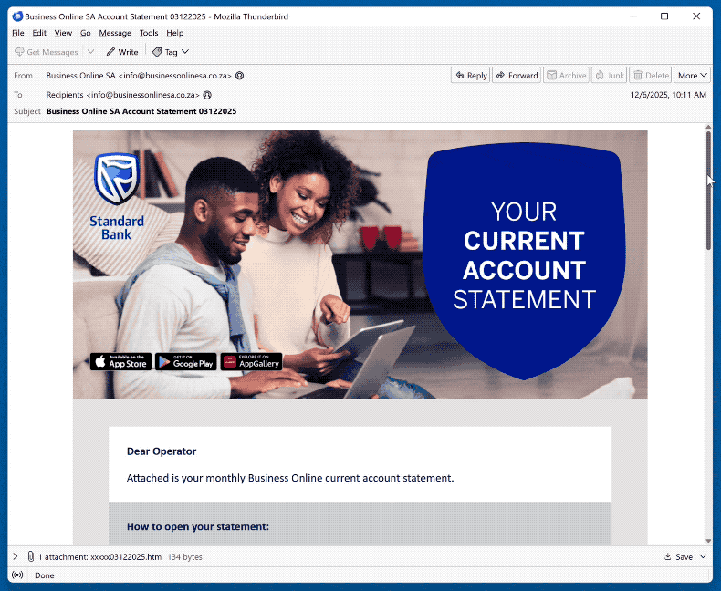 Standard Bank Account Statement Email Scam appearance