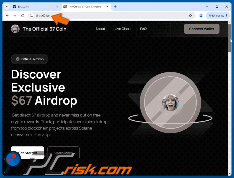 Appearance of the fake The Official 67 Coin Airdrop website (GIF)