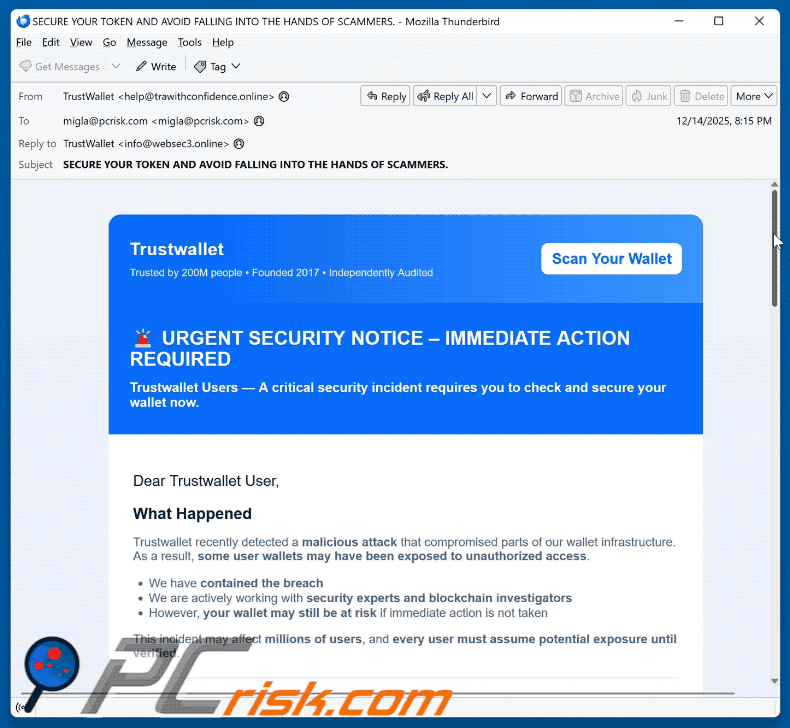 Trust Wallet - Urgent Security Notice Email Scam appearance