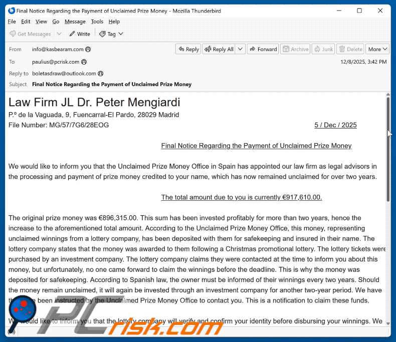Unclaimed Prize Money scam email appearance (GIF)