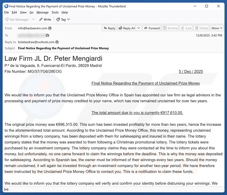 Unclaimed Prize Money email spam campaign