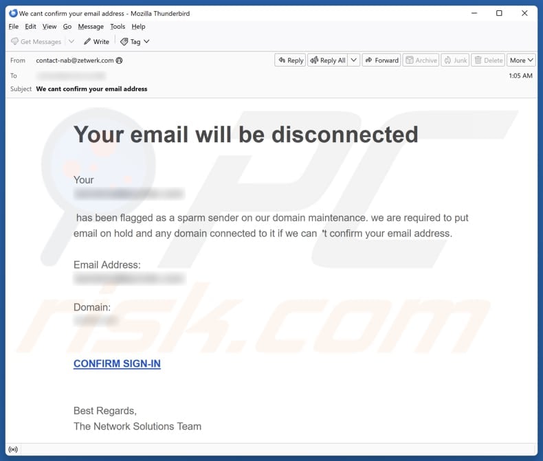 Email Account Failure Notice email spam campaign