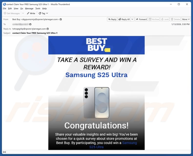 Best Buy Survey Scam promoting email
