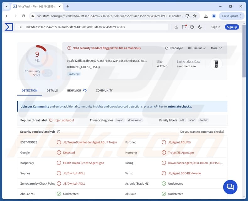 Booking.com Reservation Confirmation Email Virus file detections