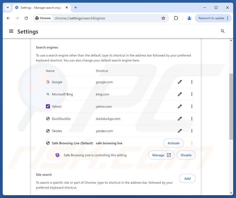 Removing browsinglive.net from Google Chrome default search engine