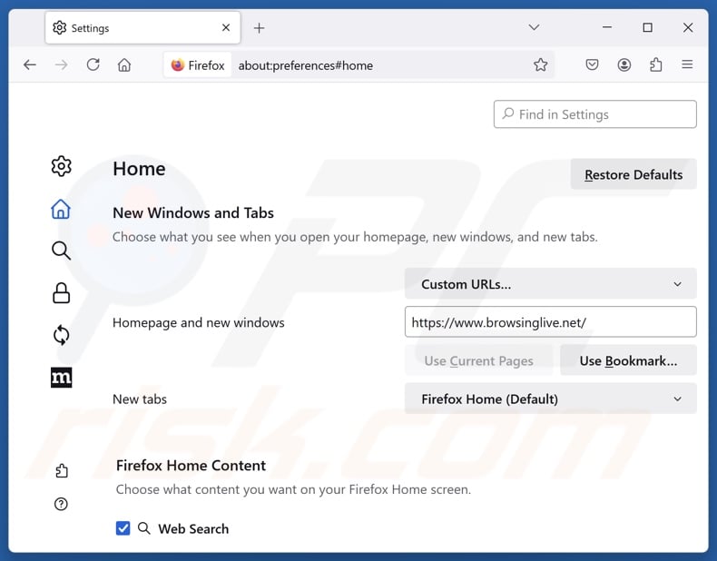 Removing browsinglive.net from Mozilla Firefox homepage