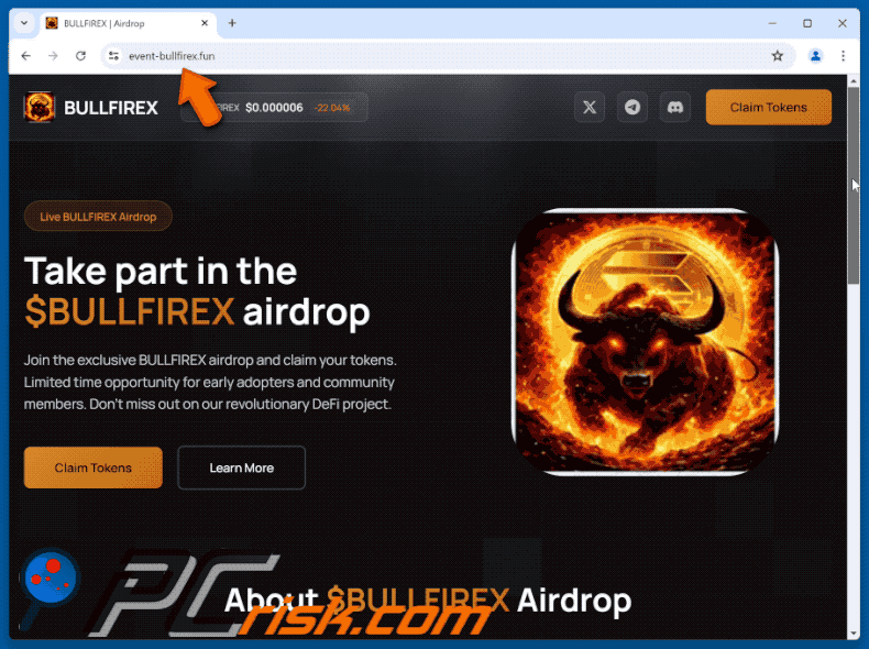 Appearance of the fake BULLFIREX Airdrop website (GIF)