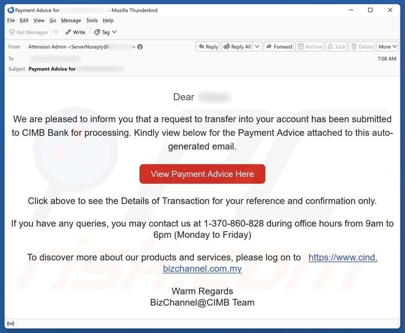 CIMB Bank - Transfer To Your Account email spam campaign