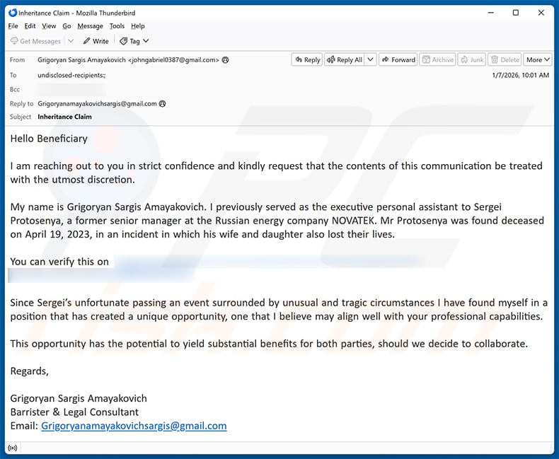 Claim Inheritance Money email scam (2026-01-08)