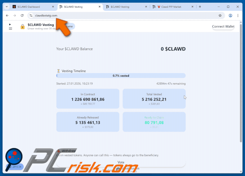 Appearance of a fake Clawdbot ($CLAWD) website (GIF)
