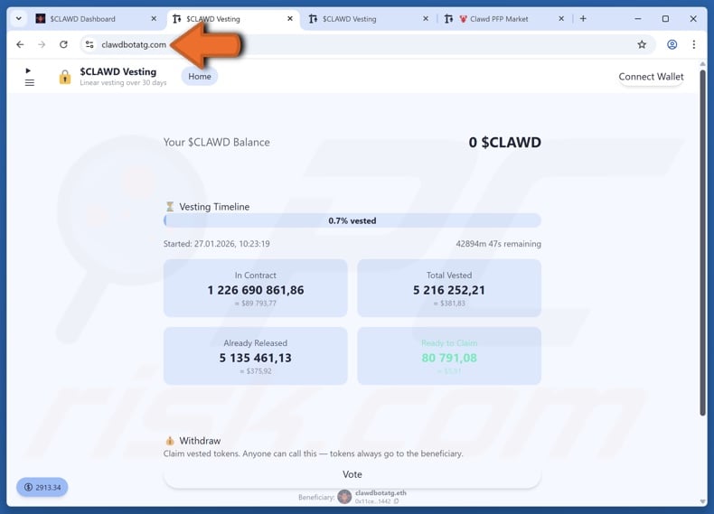 Fake Clawdbot ($CLAWD) website example