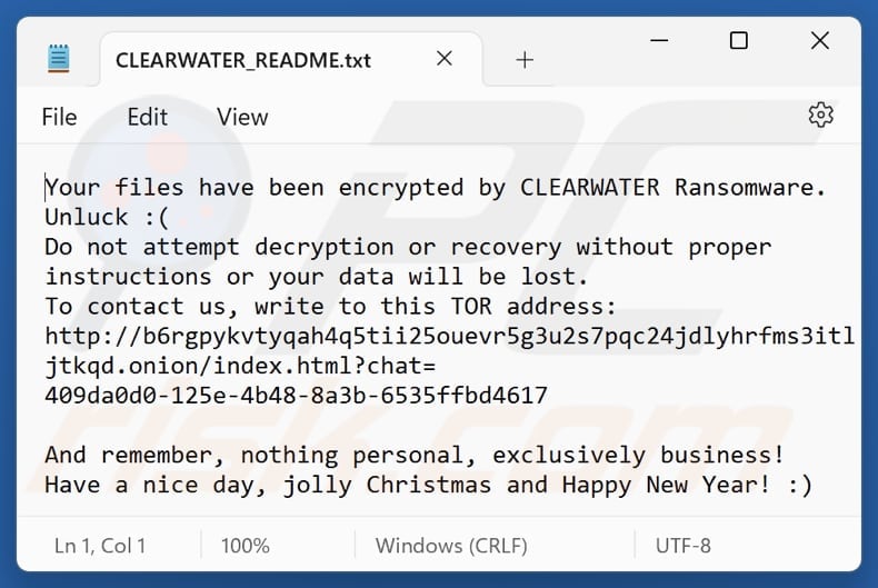 ClearWater ransomware text file (CLEARWATER_README.txt)