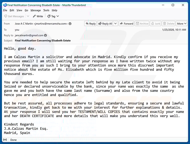 Cooperation To Receive Estate email scam (2026-01-26)