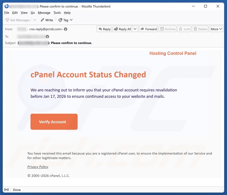 cPanel Account Status Changed email spam campaign