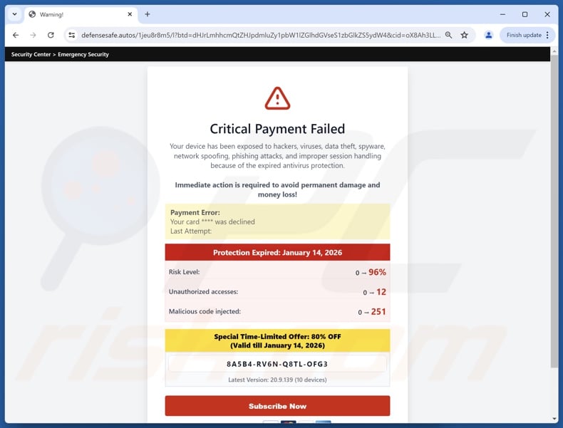 Critical Payment Failed scam alternative variant