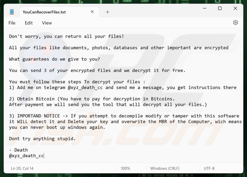 Death ransomware text file (YouCanRecoverFiles.txt)