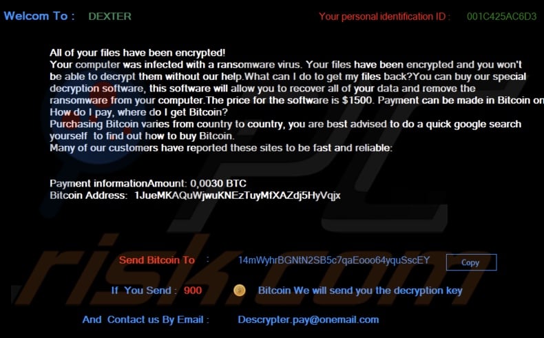Dexter ransomware ransom note (pop-up)