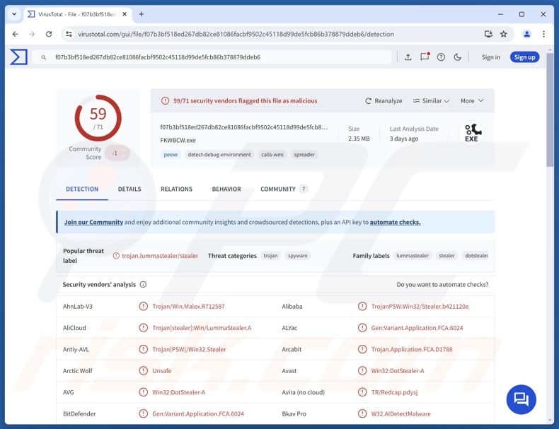 DotStealer 2.0 malware detections on VirusTotal